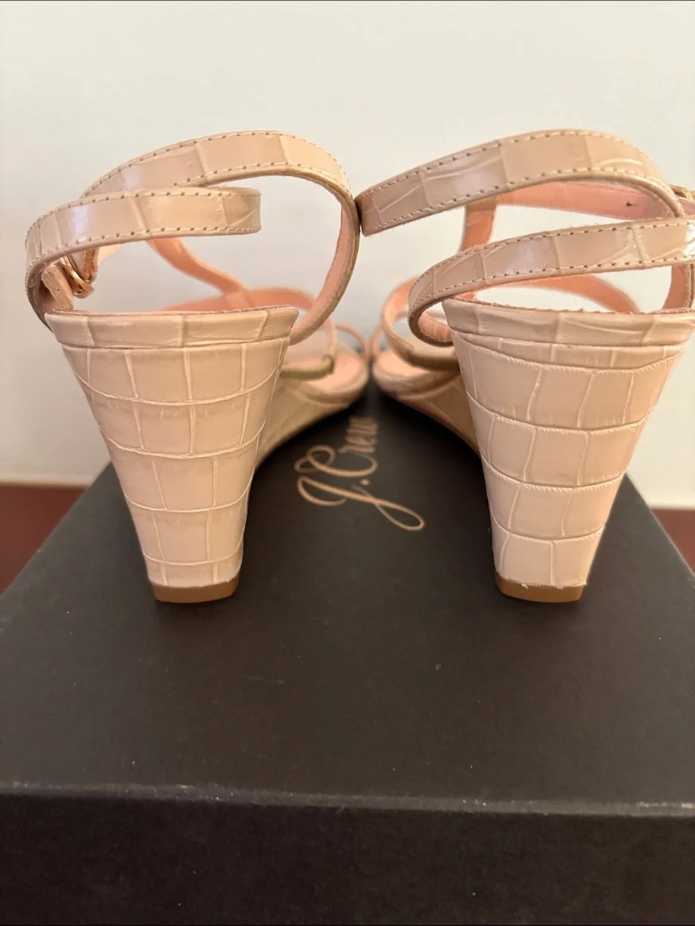 J. Crew Beige Croc-Embossed T-Strap Wedge Sandals